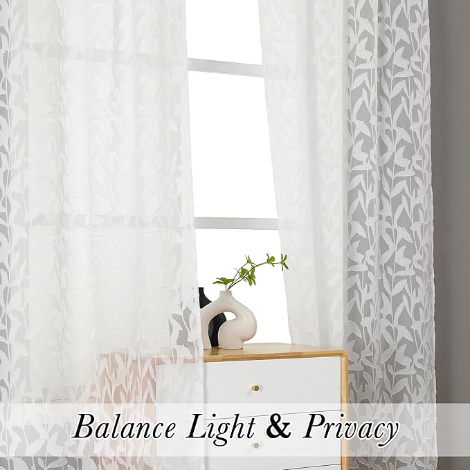 Lecloud Leia Jacquard Textured Ivory Semi Sheer Curtain 45 Inch Length, Balance Light & Privacy Clip Leaf Voile Curtain for Living Room, Dual Rod Pockets Bedroom Short Drape, 40 W x 45 L