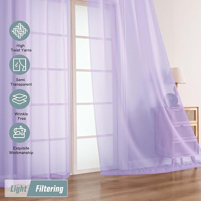 Lavender Sheer Curtains 63 Inch Length 2 Panels, Voile Sheer Curtain for Living Room, Breathable Light Filtering Modern Window Treatments, Soft Fabric Dual Rod Pocket Drapes, 2x42Wx63L Inches