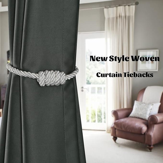 BEL AVENIR Magnetic Curtain Tiebacks, Decorative Drapery Holdbacks Modern Woven Tie-Backs with Exquisite Knot (White, 6 Pack)