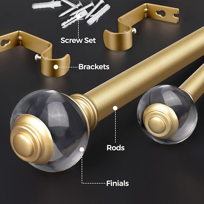 Gold Curtain Rods for Windows 66 to 120, USFOOK 7/8 Inch Telescoping Splicing Drapery Rods, Decoration for Home with Translucent Finials