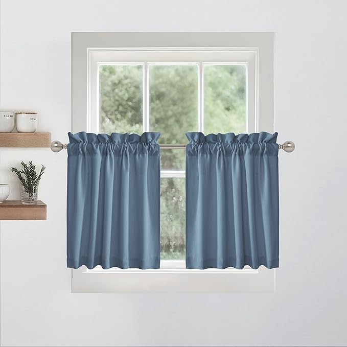 RYB HOME Short Kitchen Valances and Curtain Set, Thick Faux Linen Blended Topper Privacy Protect Short Cafe Curtains for Bathroom, 2 Panels, Rod Pocket, Stone Blue, W 26 x L 24 inch