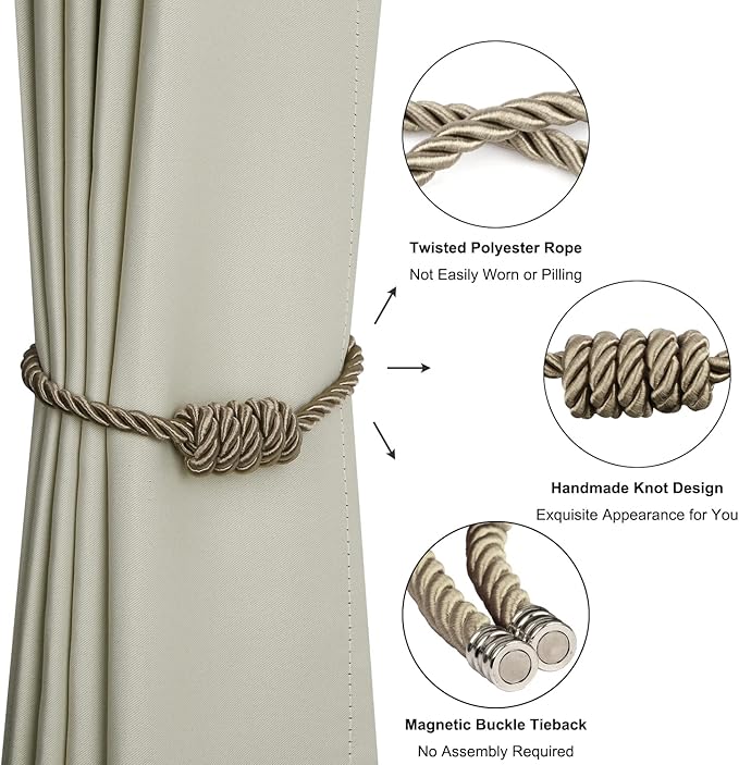 BEL AVENIR Magnetic Curtain Tiebacks, Decorative Drapery Holdbacks Modern Woven Tie-Backs with Exquisite Knot (Flaxen, 4 Pack)