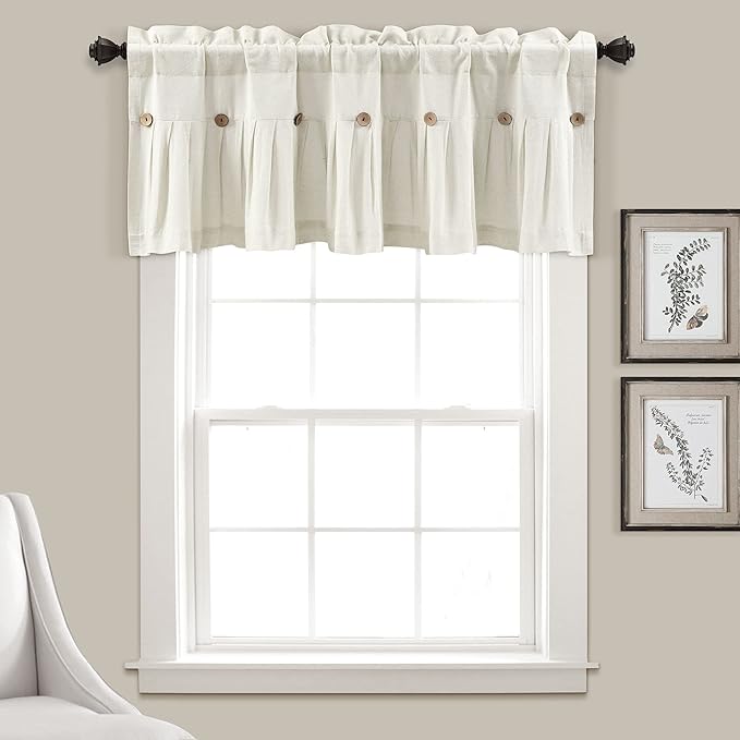 Lush Decor Linen Button Farmhouse Valance Curtians 84"W x 18"L Off White - Linen Valances For Windows - Kitchen Curtains Valances - Bathroom Curtain