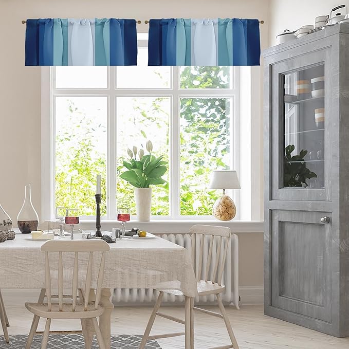 Emvency 2 Pack Valances Window Treatments, Striped Blue Coastal Nautical Modern Navy Drapes Adjustable Curtain for Windows Living Room Kitchen Over Sink, 52x18 Inch Rod Pocket Valances