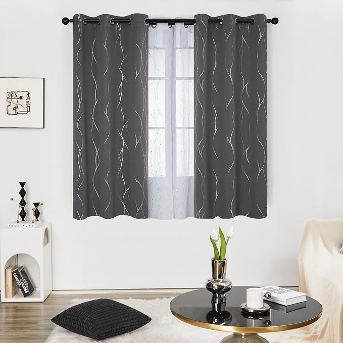 Deconovo Short Curtains Grey, Blackout Kitchen Curtain, Thermal Insulated Soundproof Drapes, Wave Dots Foil Print, 38 x 45 Inches, 2 Panels, Machine‑Washable Privacy Window Panel for Nursery Office