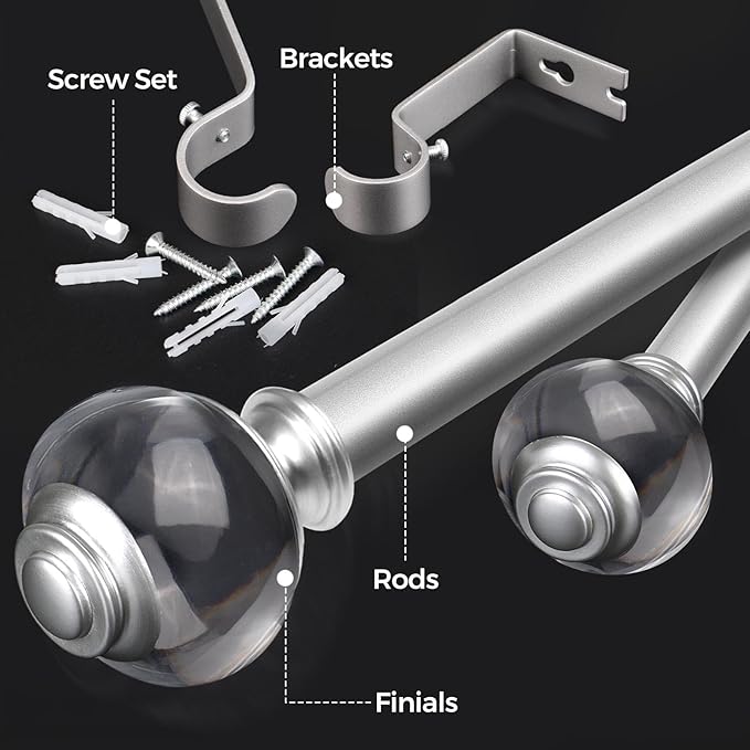Curtain Rods for Windows 66 to 120, USFOOK 7/8 Inch Telescoping Splicing Drapery Rods 32 to 120 Inch, Decoration for Home with Light Silver Translucent Finials