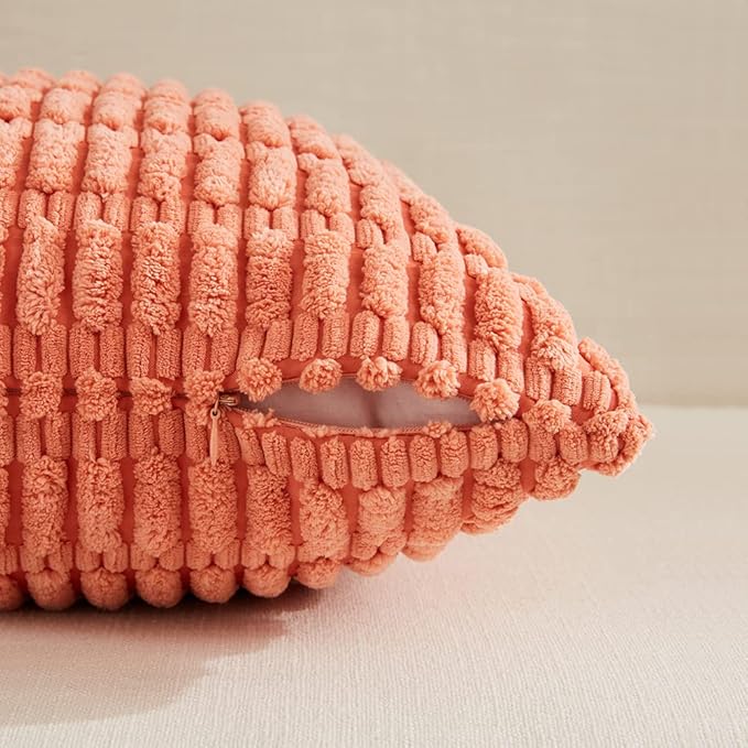 Fancy Homi 4 Packs Boho Coral Decorative Throw Pillow Covers 18x18 Inch for Living Room Couch Bed Sofa, Rustic Modern Farmhouse Home Decor, Soft Plush Corduroy Cute Square Peach Cushion Case 45x45 cm
