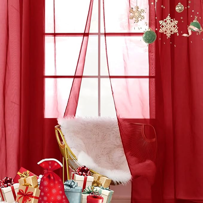 SpaceDresser Sheer Voile Window Treatment Rod Pocket Curtain Panels for Kitchen Bedroom Living Room Drapes Sunlight Filtering Privacy Semi Home Decor Assorted Colors Sizes (Christmas Red, 52 W x 45 L)