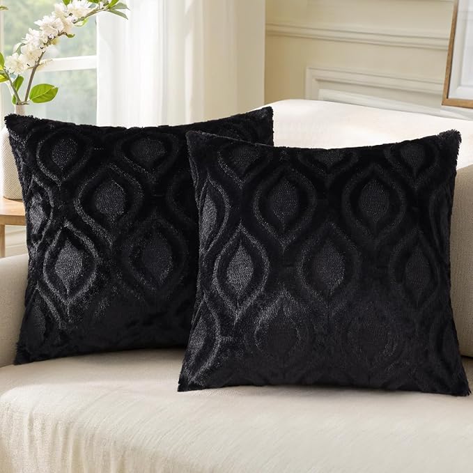 decorUhome Throw Pillow Covers 20x20 Inch Set of 2, Soft Plush Faux Wool Black Solid Couch Pillow Covers, Accent Farmhouse Neutral Square Pillow Cases for Sofa Bed Living Room