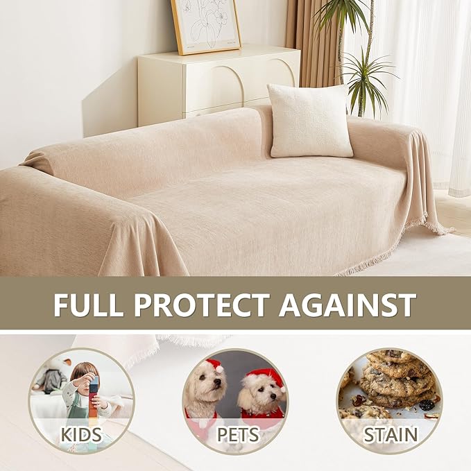 MYSKY HOME Couch Cover 2 Cushion Sofa with Tassel Chenille Sofa Covers for 2 Cushion Couch Sofa Slipcovers for Sectional l Shaped Couch Dogs Protector Furniture Covers, 71" X 118", Khaki