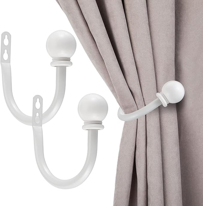 Sumnacon Set of 2 Decorative Curtain Holdbacks, Wall Mounted Aluminum Alloy Window Drapery Tiebacks for Bedroom, Livingroom Office Come with Screws, White