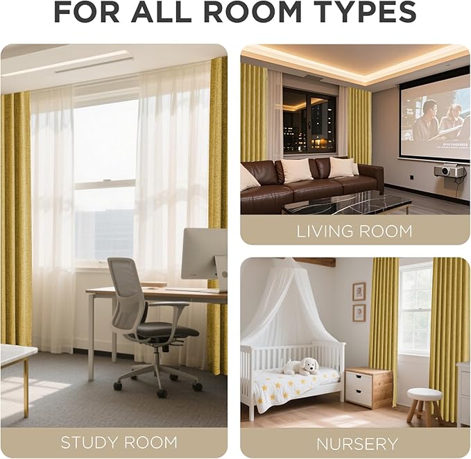 Joydeco Blackout Curtains for Bedroom - 100% Light Blocking 2 Panels Set Yellow Drapes 66" W x 84" L, Thermal Insulated Room Darkening Curtains, Linen Textured for Living Room, Rod Pocket & Back Tabs