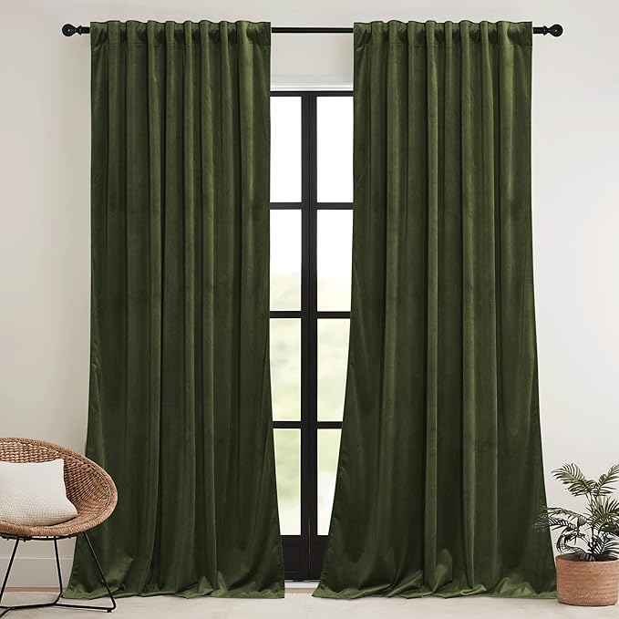 RYB HOME Green Velvet Curtains 108 inch, Solid Room Darkening Window Curtains for Living Room Light & Draft Block Privacy Backdrop with Pleat Tape Pocket& Tabs, Olive Green, W52 x L108 inch, 2 Panels