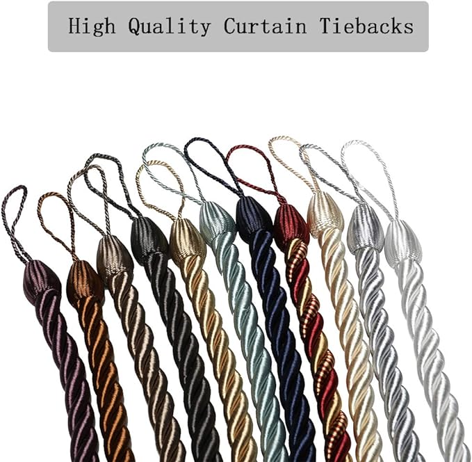 BEL AVENIR Curtain Rope Tiebacks, Drapery Rope Holdbacks with 4 Metal Screw Hooks (Charcoal-4pack)