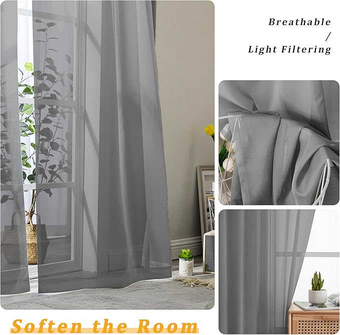 Gwine Charcoal Grey Sheer Curtains 96 Inches Long 2 Panels, Elegant Window Treatments Voile Curtains for Living Room, Light Filtering Rod Pocket Sheer Drapes, Each 42" Wx96