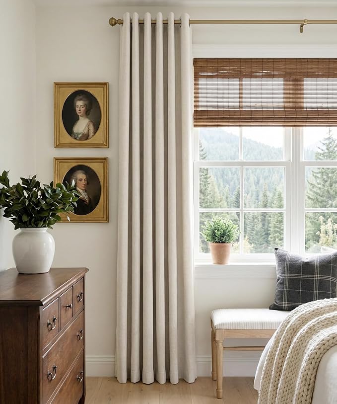 100% Blackout Linen Curtains 50" W x 84" L 2 Panels Set,Thermal Insulated Full Light Blackout Curtains for Bedroom/Living Room,Beige