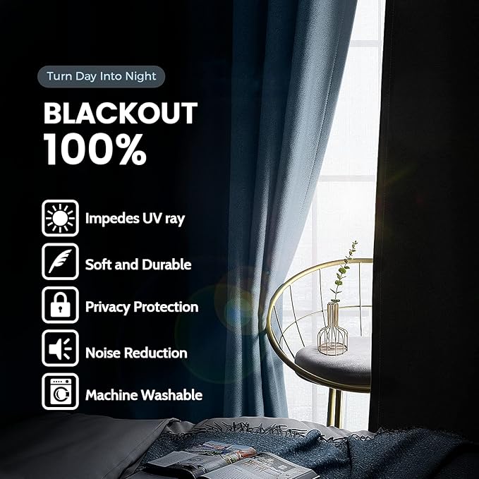 SimpleHome 100% Blackout Curtains for Bedroom,Thermal Insulated Grommet Window Drapes Room Darkening Stone Blue Curtains for Living Room with Black Back,52 x 84 Inch,2 Panels