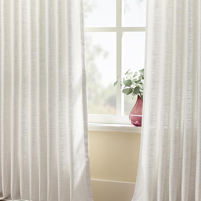 IVAPUPU Pinch Pleated Curtains 90 Inch Long for Living Room, Extra Wide Semi Sheer Pleated Drapes Back Tab Hooks Rings Light Filtering Privacy Linen Curtain for Office, Beige White, 70Wx90L, 1 Panel
