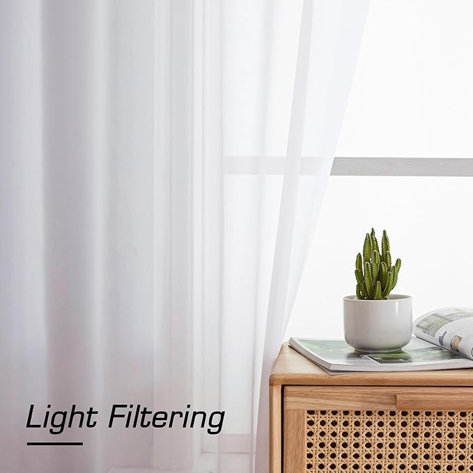 Aiyufeng White Sheer Curtains 90 Inches Long, Light Filtering Rod Pocket Solid Color Window Sheer Curtain Panels, Elegant Curtains & Drapes for Living Room, Bedroom 2 Panels (White, 59" W x 90" L)