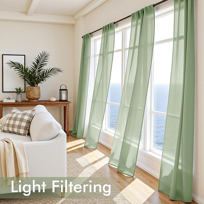 MIULEE Sage Green Sheer Curtains 72 Inches Long, 4 Panels Set, Light Filtering Rod Pocket Voile Drapes Window Treatments, Semi Transparent Airy Fabric for Bedroom and Living Room, 54 x 72 Inches