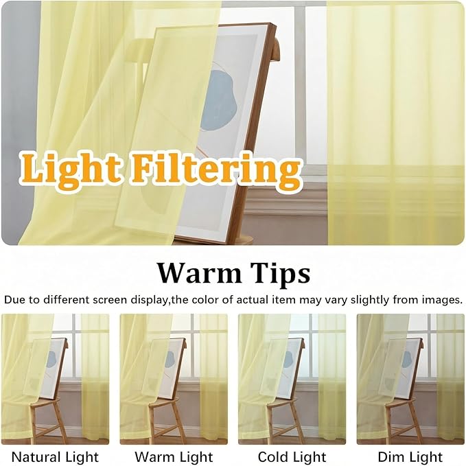 Gwine Light Yellow Sheer Curtains 63 Inch Length for Living Room 2 Panels, Light Filtering Rod Pocket Window Curtain Treatment for Bedroom, Voile Elegant Sheer Drapes，Each 42Wx63L
