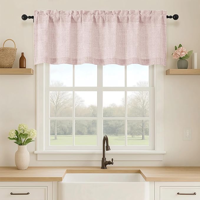 OVZME Blush Pink Valance for Windows, Light Filtering Faux Linen Textured Small Short Valance Kitchen Curtain, Rod Pocket Top Short Window Curtain for Bathroom Basement Farmhouse, 1 Piece, 60Wx16L