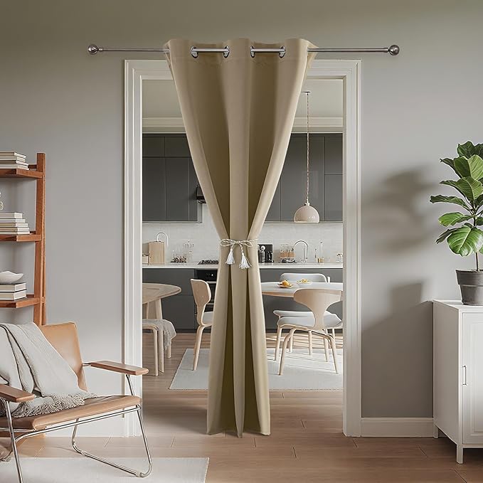 Joydeco Blackout Door Curtain for Doorway Privacy 108 Inches Long, Grommet Closet Curtain for Open Closet, Room Divider for Bedroom Living Room (Light Beige, 52Wx108L, 1 Panel)