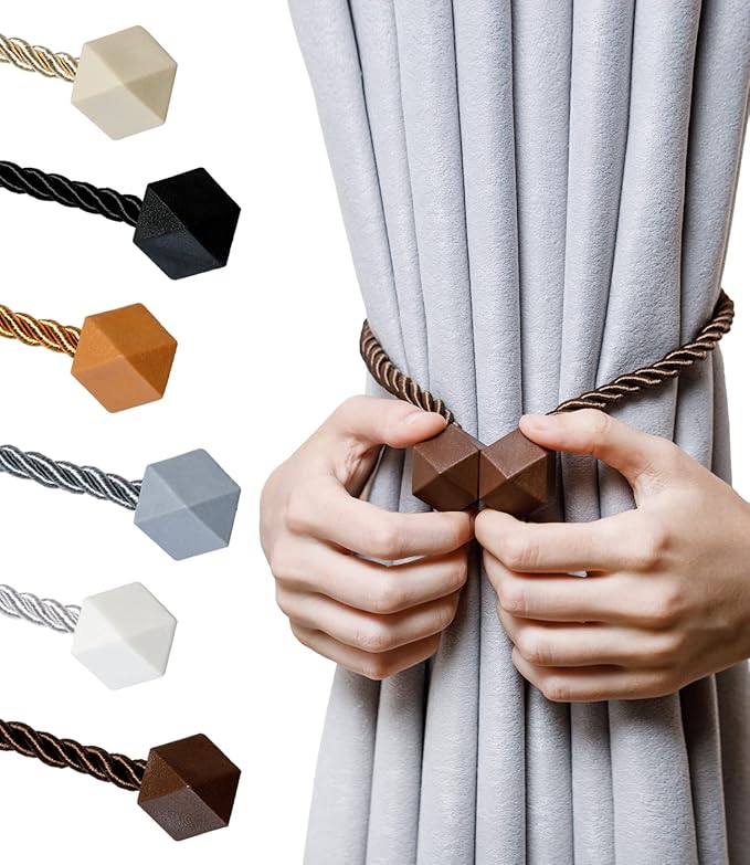 NazTur Magnetic Curtain Tiebacks- Upgrade 2022 with a Thicker Twist Rope & Strong Magnet Tieback Window Treatment Holdbacks Draperies Holders Decorative Drape Handmade Tie Back (Coffee Dark, 2)