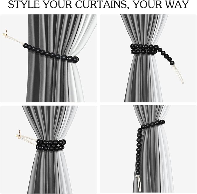Hion 6 Pcs Boho Curtain Tiebacks,Wood Beads Curtain Holdbacks,Outdoor Farmhouse Tie Backs for Curtains,Curtain Holders for Drapes Home Office Room Decor with Hooks(Black)