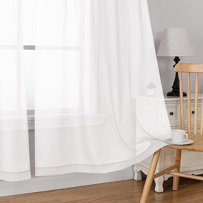 Simplebrand White Short Sheer Curtains 45 Inch Length for Small Windows, Rod Pocket 2 Panels Set Solid Voile Drapes Window Sheer Curtains for Bedroom Bathroom Kids Room Kitchen, 42x45 Inch, White