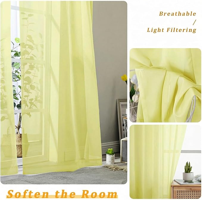 Gwine Short Kitchen Sheer Curtains 30 Inch Length - Light Filtering Voile Small Half Window Curtain for Basement, Rod Pocket Cafe Curtains for Bathroom Cabinet, 42Wx30L Inch, 2 Panels, Lemon