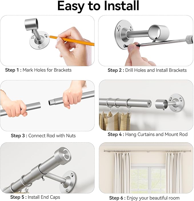 YaFex 2 Pack Heavy Duty Curtain Rods 32-150 Inch, 1 Inch Adjustable Extra Long Curtain Rod for Windows, Silver Window Treatment Rods Set with Aluminium Finials, Modern Design