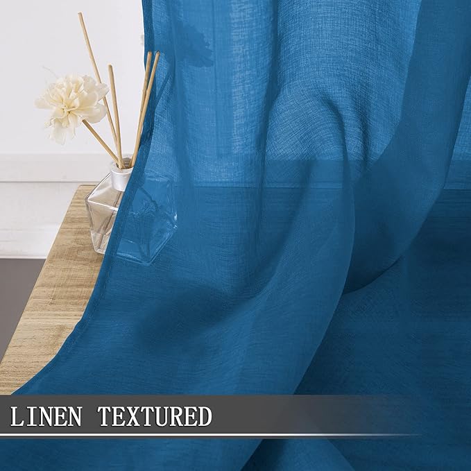 Tollpiz Sheer Tier Curtain Linen Textured Half Kitchen Curtains Sheer Light Filtering Rod Pocket Voile Small Curtains for Bathroom, 25 x 36 inches Long, Classic Blue, Set of 2 Panels