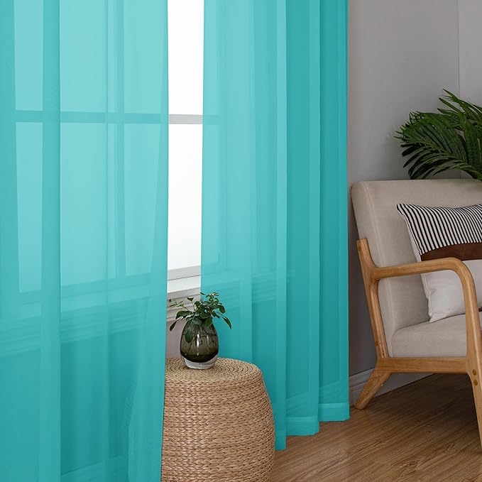 Chyhomenyc Turquoise Sheer Curtains 54 Inch Long 2 Panels, Light Filtering Rod Pocket Voile Short Curtains Drapes for Living Room Bedroom Small Windows, 42Wx54L Inches