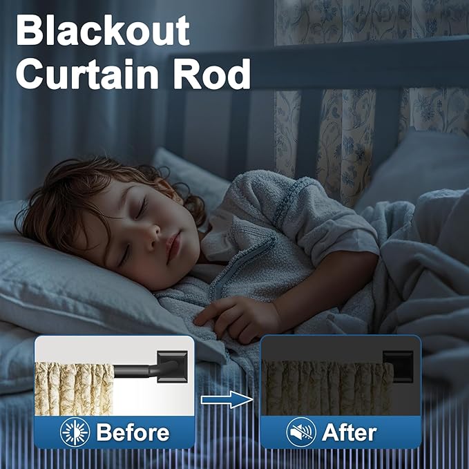 Black Curtain Rods for Windows 66-152Inch(5.5-12.7ft) Heavy Duty Wrap Around Blackout Curtain Rods, Extra Long Adjustable Room Darkening Drapery Rod for Bedroom, Living Room & Outdoor Patio