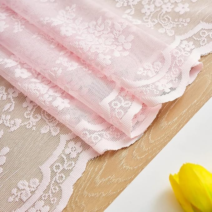 YJ YANJUN Vintage Lace Curtains Short Pink Floral Curtains 54 inch Length 2 Panels for Kitchen Living Room Bedroom Bathroom Window Voile Sheer Panels Baby Girl Nursery Decor 52" W x 54" L, Pink