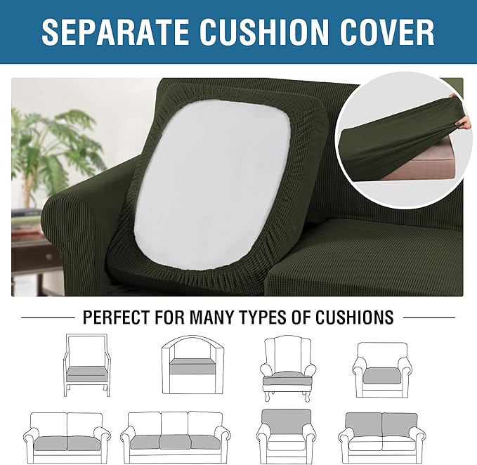 H.VERSAILTEX 3 Piece Stretch Sofa Covers for 2 Cushion Loveseat Couch Covers for Living Room Sofa (Base Cover Plus 2 Seat Cushion Covers) Thicker Jacquard Fabric (Medium Sofa, Olive)