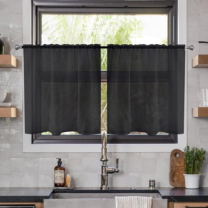 youleyar Solid Sheer Rod Pocket Curtain Voile Draperies 2 Panels White Beige Black Ivory Coffee 26 Inch Width 24 Inch Long 1 Pair for Kitchen Bedroom Children Living Room Yard(Black,26Wｘ24L)
