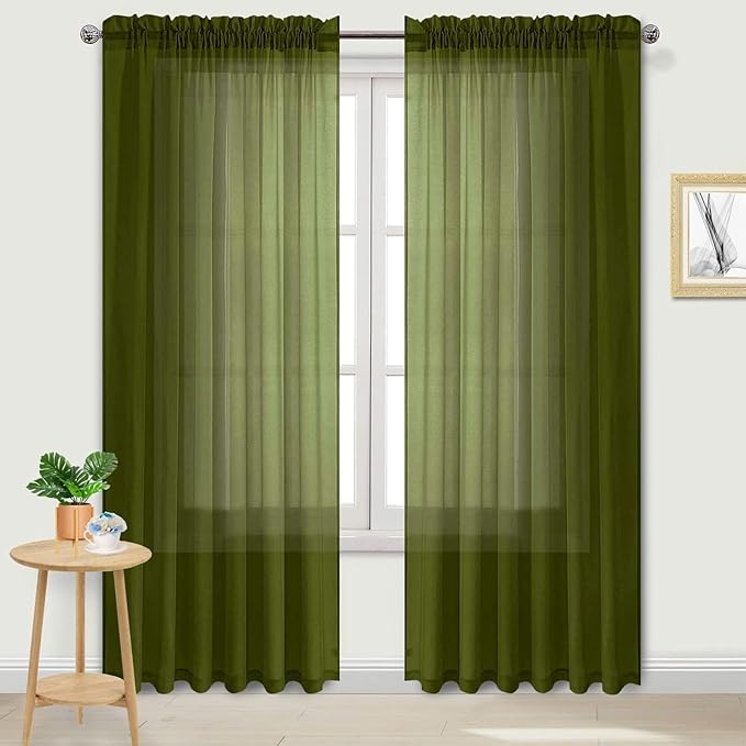 DWCN Olive Green Sheer Curtains Semi Transparent Voile Rod Pocket Curtains for Bedroom and Living Room, 70 x 96 inches Long, Set of 2 Panels
