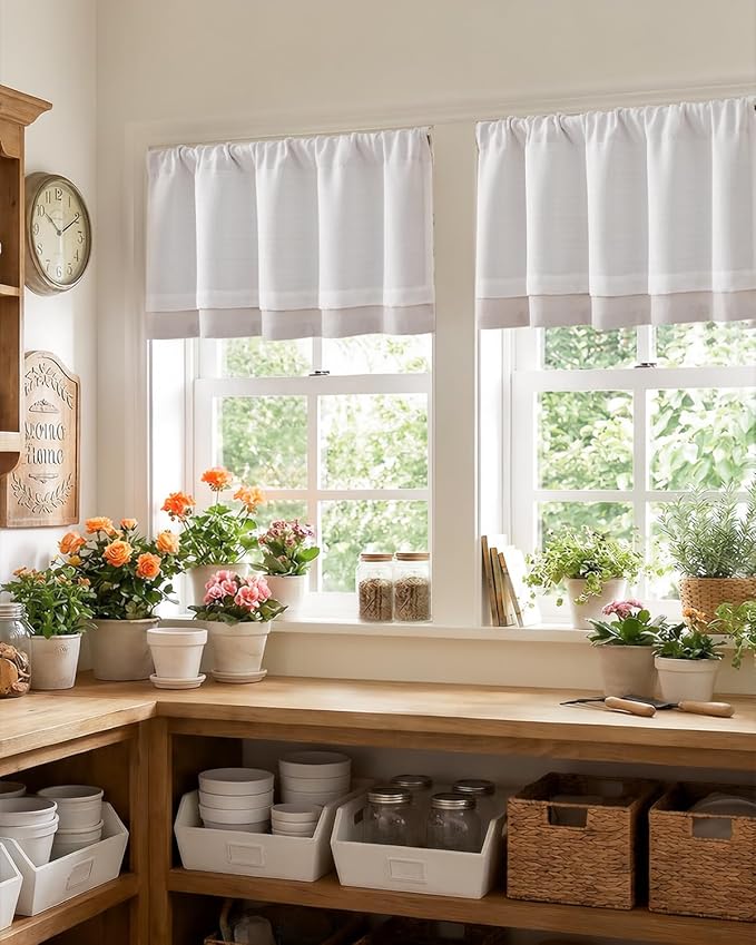 jinchan Curtain Light Filtering Kitchen for Living Room Bedroom Small Windows Valance 18 Inch Double Layer Farmhouse Window Rustic Overlay Rod Pocket 1 Panel White