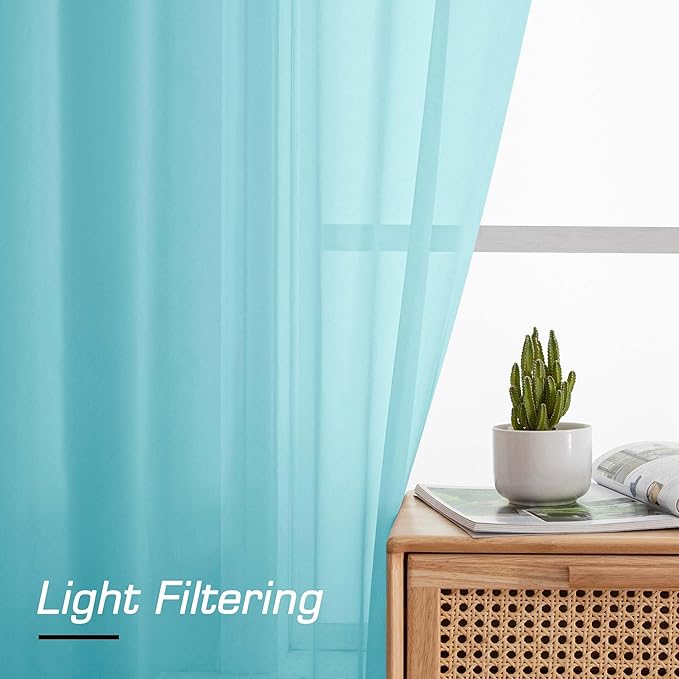 Simplebrand Aqua Short Sheer Curtains 45 Inch Length for Small Windows, Rod Pocket 2 Panels Set Solid Voile Drapes Window Sheer Curtains for Bedroom Bathroom Kids Room Kitchen, 42x45 Inch, Aqua
