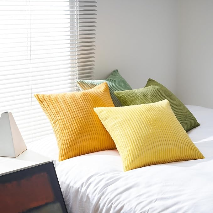 Topfinel Summer Throw Pillows Covers 16x16 Inch Set of 4,Yellow Sage Green Colorful Decorative Vanilla Girl Room Decor Cushion Cases,Couch Sofa Living Room Striped Corduroy Modern Home Decor