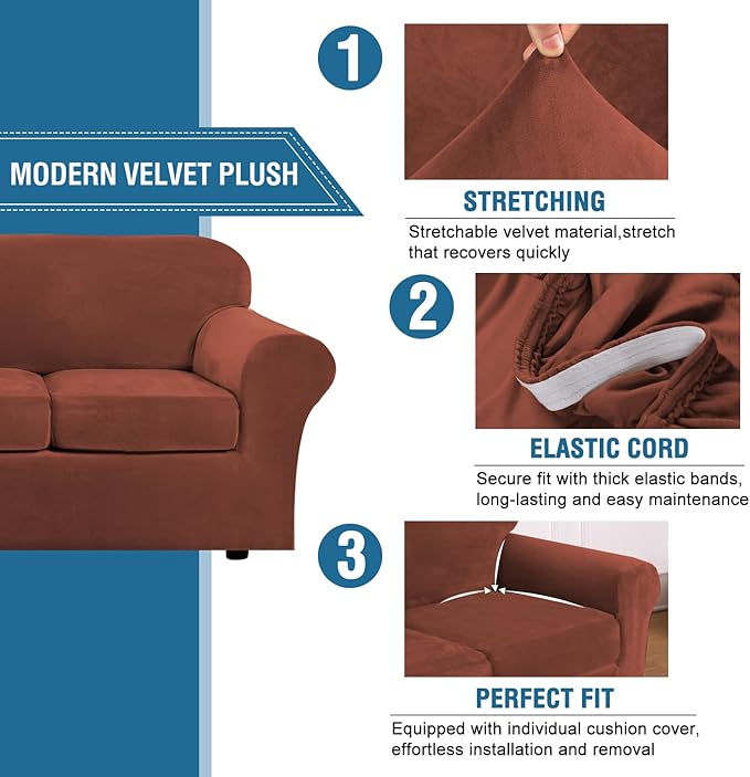 H.VERSAILTEX Modern Velvet Plush 4 Piece High Stretch Sofa Slipcover Cover Furniture Protector Form Fit Luxury Thick Velvet Extra Large Sofa Cover for 3 Cushion Couch (XL Sofa, Rust)