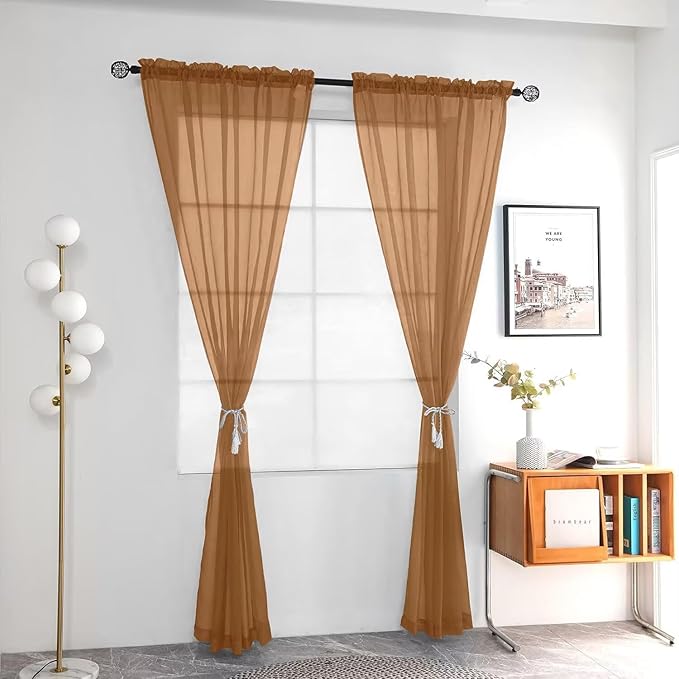 youleyar Solid Sheer Rod Pocket Curtain Voile Draperies 2 Panels White Beige Black Grey Ivory 52 Inch Width 84 Inch Long 1 Pair for Kitchen Bedroom Children Living Room Yard (Light Brown,52Wｘ84L)