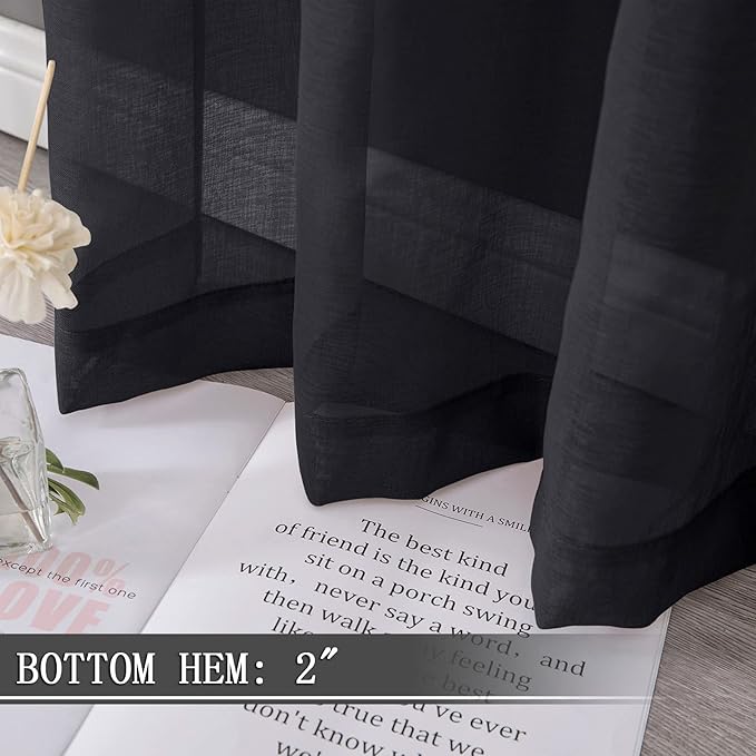 Tollpiz Short Sheer Curtains Linen Textured Living Room Curtain Sheers Light Filtering Rod Pocket Voile Curtains for Bedroom, 42 x 45 inches Long, Black, Set of 2 Panels