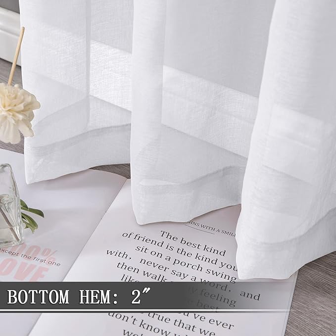 Tollpiz Sheer Curtains Bedroom Linen Textured Curtain Sheers Light Filtering Voile Rod Pocket Curtains for Living Room, 38 x 84 inches Long, White, Set of 2 Panels