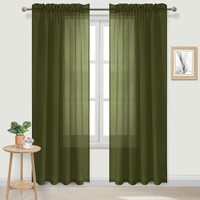 DWCN Olive Green Sheer Curtains Semi Transparent Voile Rod Pocket Curtains for Bedroom and Living Room, 42 x 84 inches Long, Set of 2 Panels