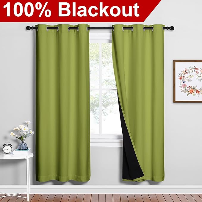 NICETOWN Full Shade Curtain Panels, 37" Wide x 70" Long, Fresh Green, Pair of Thermal Insulated & Energy Efficiency Blackout Drapes for Living Room, Lined Silky Performance Window Dressing