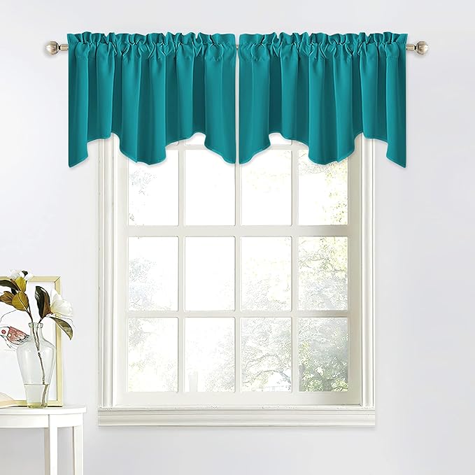 NICETOWN Blackout Curtain Valances Solid Rod Pocket Scalloped Valances Short Curtain Panels for Kitchen Window/Bedroom/Barthroom, 52" x 18" Inches, 2 Panels, Peacock Teal