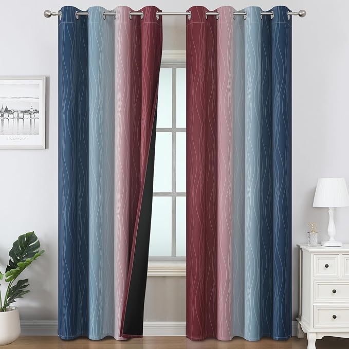 Estelar Textiler Navy Blue and Burgundy Red Ombre Blackout Curtains for Bedroom 102 Inch Long, Thermal Insulated Grommet Complete Room Darkening Gradient Drapes for Living Room, 52Wx102L,2 Panels